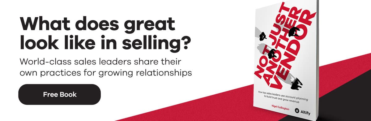 Text reading "What does great look like in selling?" with a graphical representation of an organizational chart, emphasizing the importance of relationships in sales.