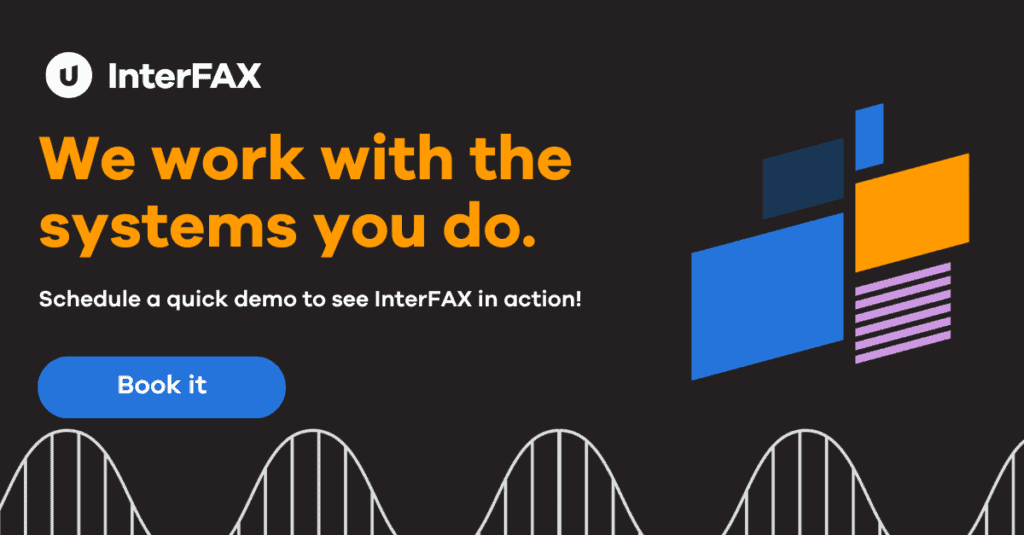 InterFAX promotional banner with call-to-action button labeled 'Book it' to schedule a demo for cloud fax integration.